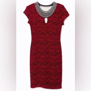 Elegant Red Midi Dress with Beaded Collar - Size 10